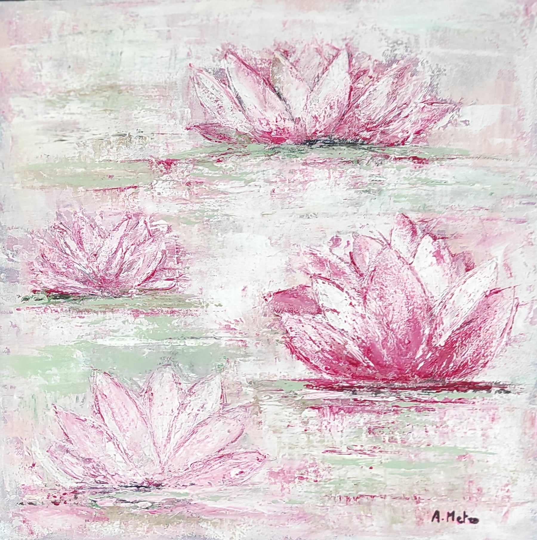 Tableau rose et vert - artiste peintre Adeline Metro - toile nymphéas - toile originale - fleurs roses