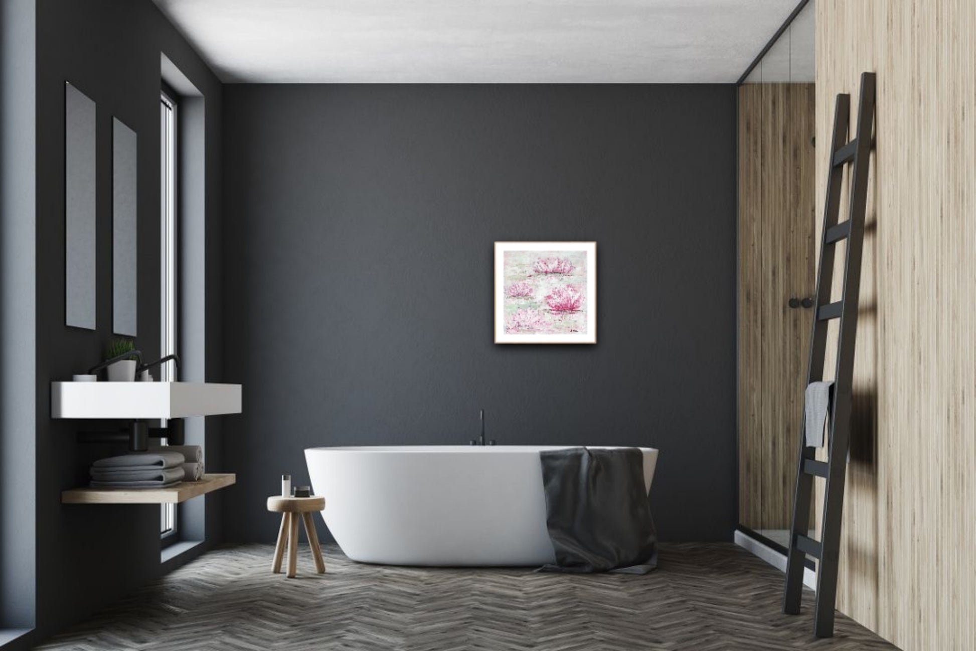 décoration salle de bain - tableau minimaliste - nymphéas sur toile au couteau - 