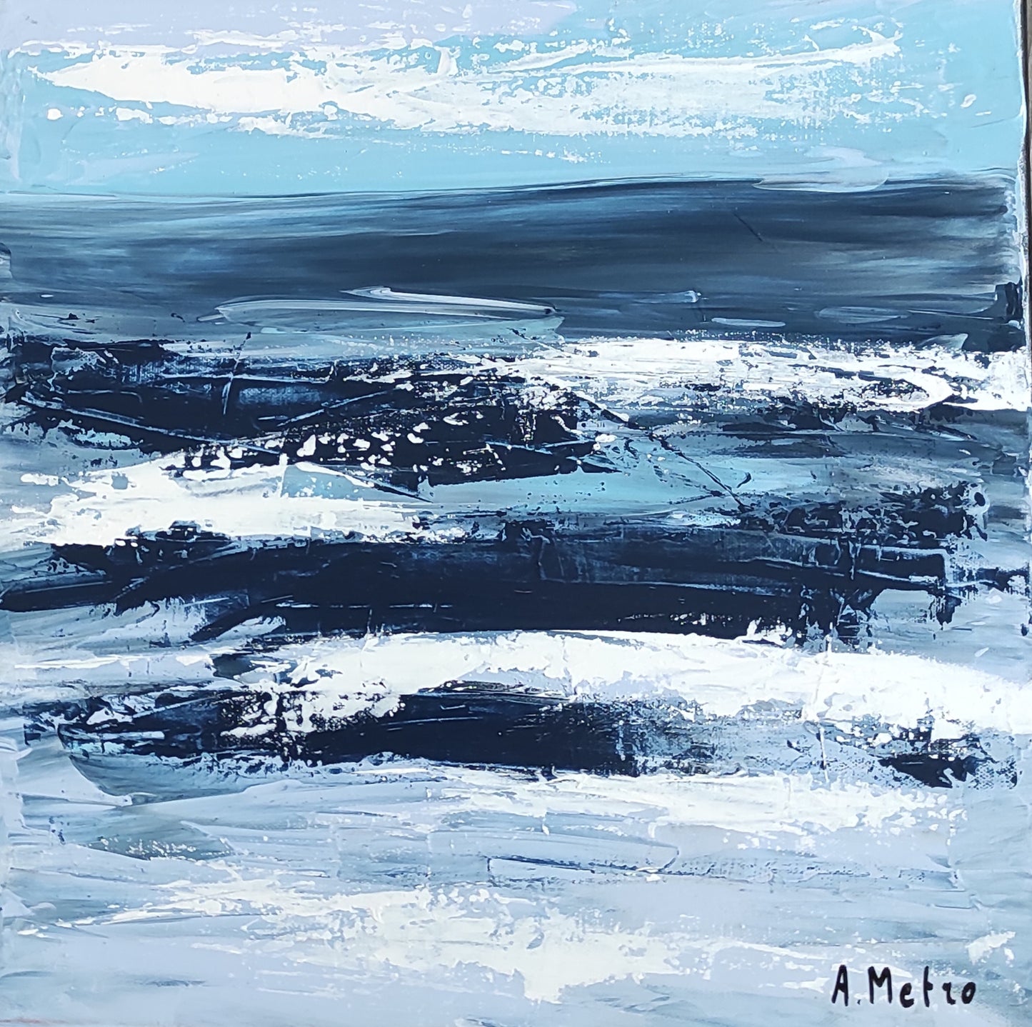 toile originale bleu et blanche, toile mer, toile plage, art abstait, toile bretagne, toile normandie, Adeline Metro Cabourg