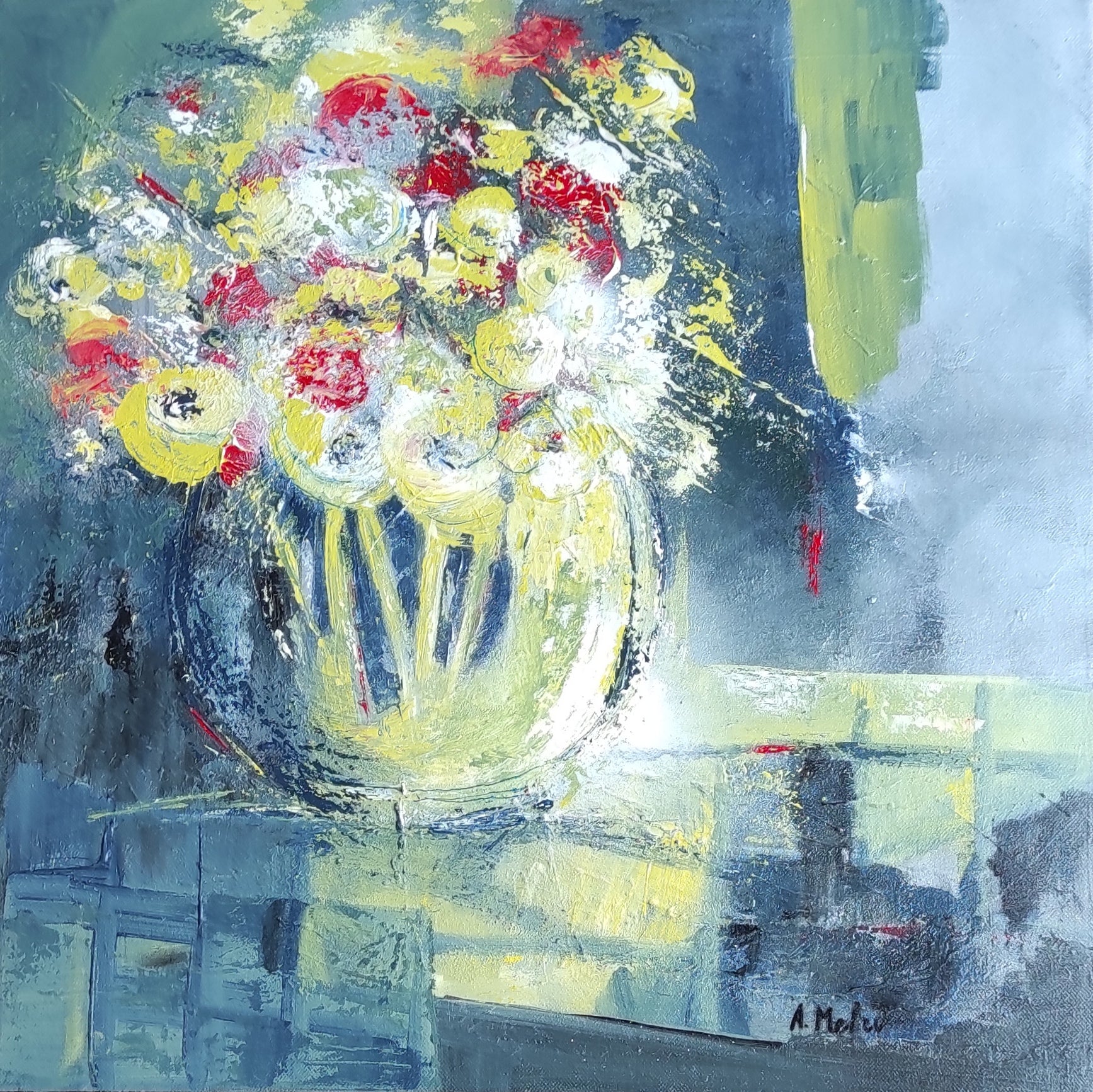 Tableau de fleurs couleus vives  artiste peintre Cabourg Adeline Metro toile originale au couteau 
