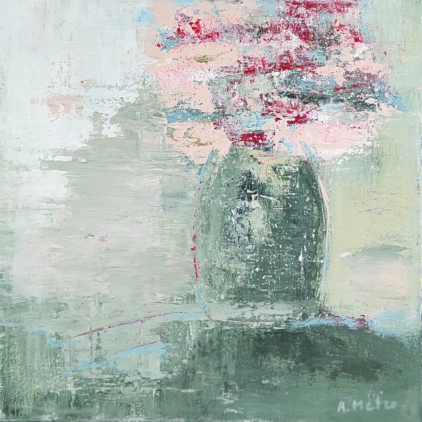 TOILE FLEURS MODERNE ROSE ET VERT