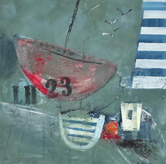 ART MURAL ARTISTE PEINTRE DE LA MER ADELINE METRO PHARE ET BATEAUX COULEURS VERT BLEU