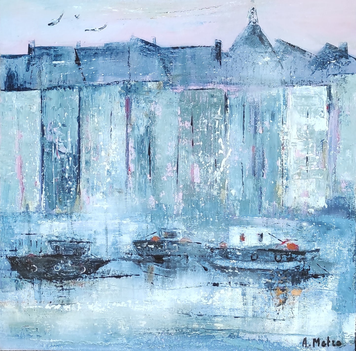 Honfleur - Original canvas made with palette knife. Nice soft colors, misty mood.