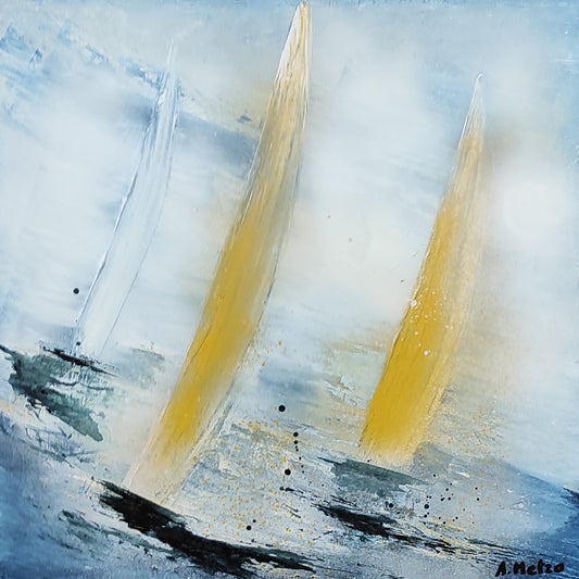 tableau acrylique et encre - belles couleurs - tableau artiste peintre - voiliers jaunes - Adeline Métro - frais d'envoi gratuits